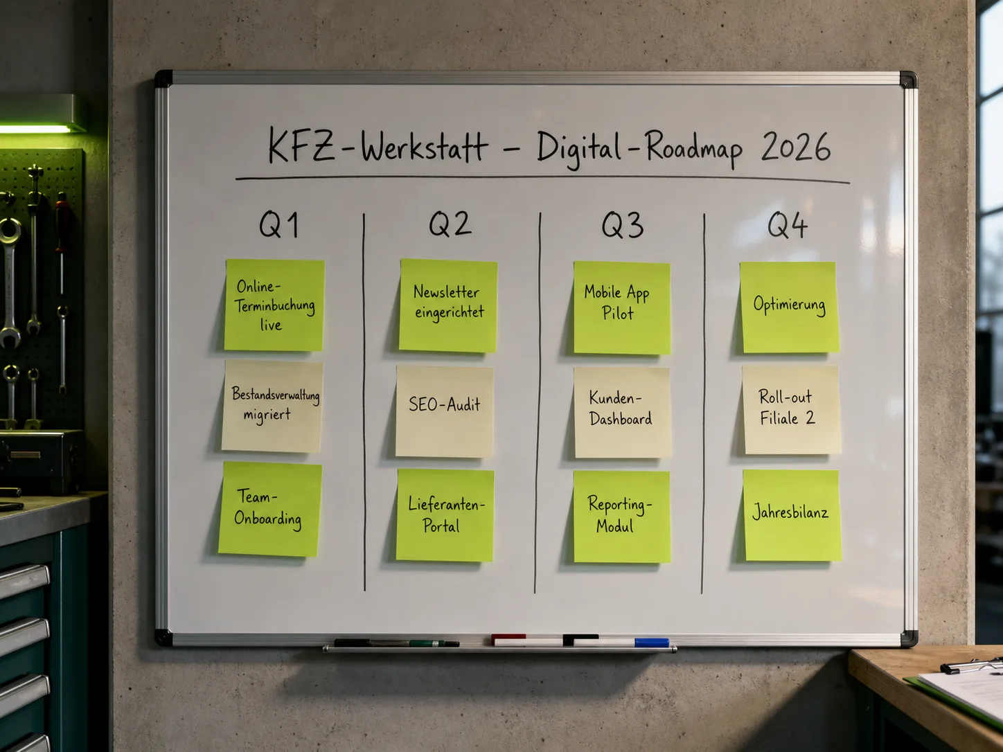 Whiteboard mit Digital-Roadmap für eine KFZ-Werkstatt – Meilensteine und Verantwortlichkeiten
