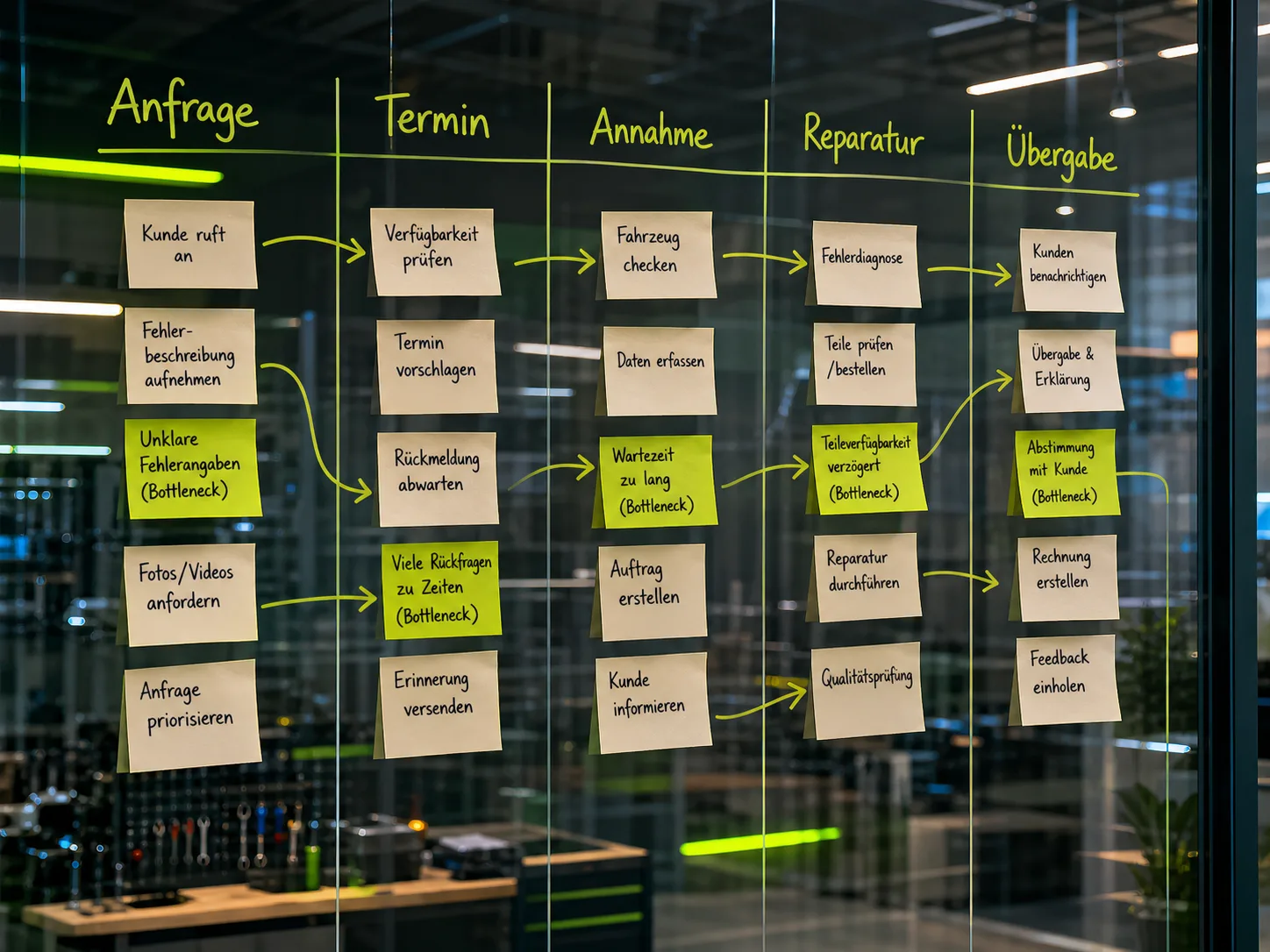 Workshop-Wand mit gruppierten Klebezetteln – Prozess-Schritte einer Werkstatt-Digitalisierung