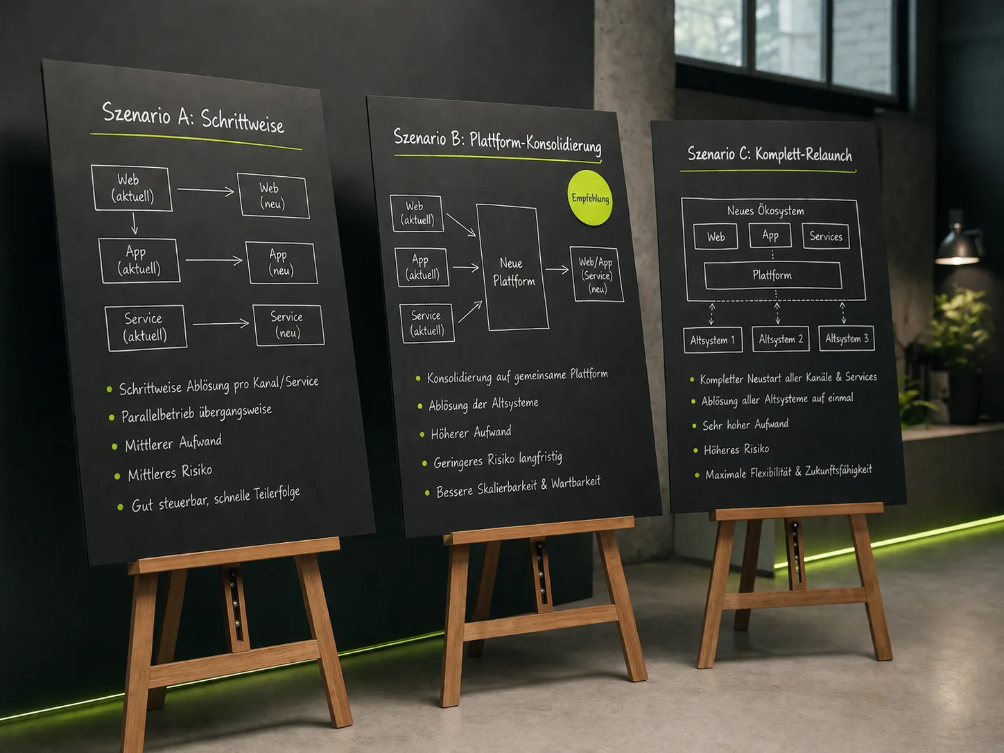 Drei Szenario-Boards nebeneinander – Optionen für die Digitalisierung eines Autohauses