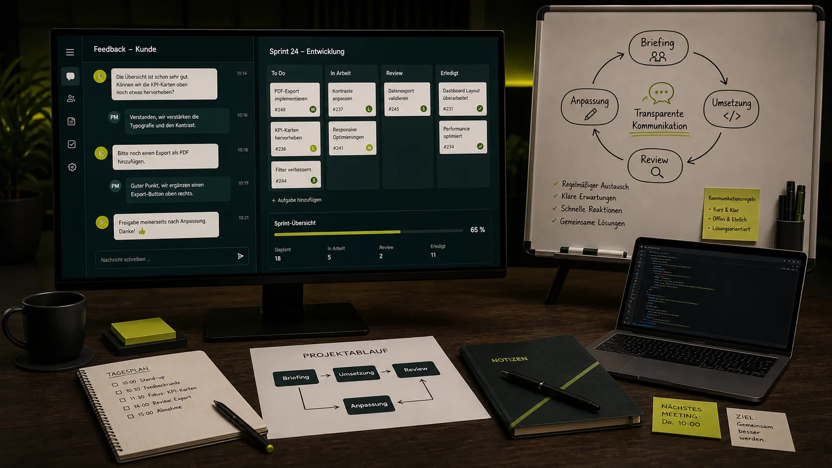 Kollaborative Whiteboard-Sitzung mit Notizen und einem zweigeteilten Bildschirm, Kunde und Entwicklerteam