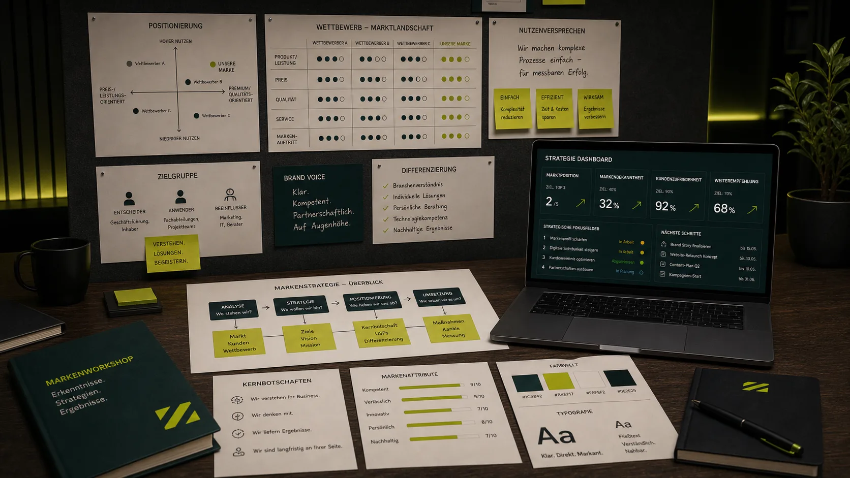 Markenberatung-Workshop, Pinnwand mit Konkurrenzanalyse und Positionierungs-Matrix