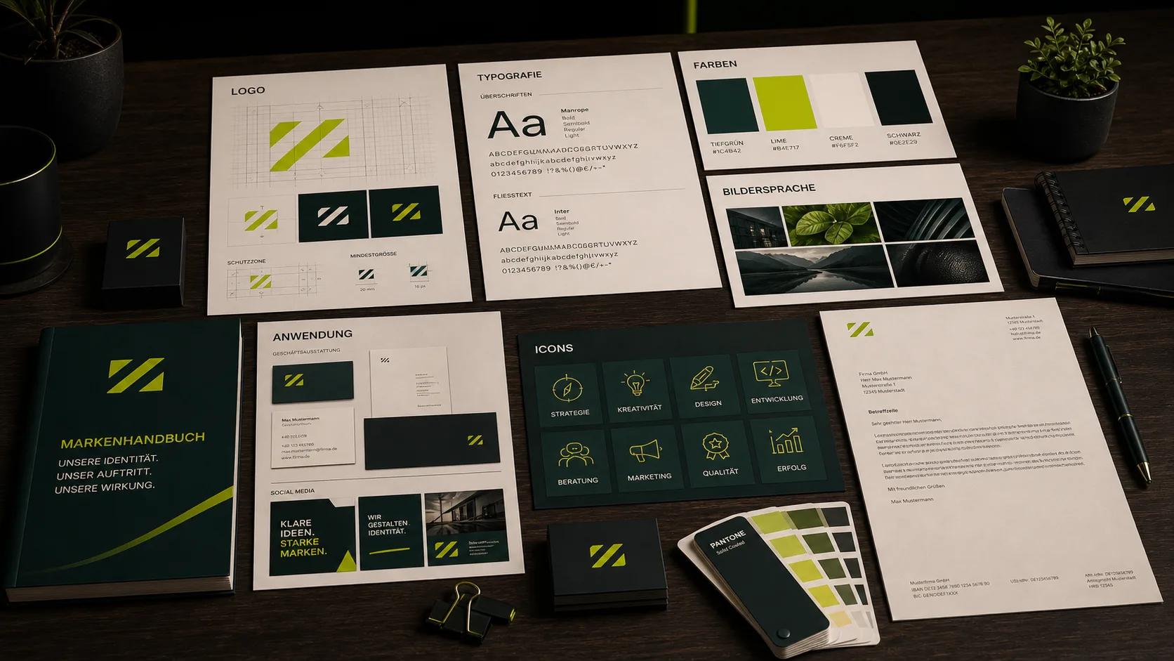 Komplettes Corporate-Design-Set, Logo, Farben, Typografie, Visitenkarte und Stoffbeutel auf einem Tisch