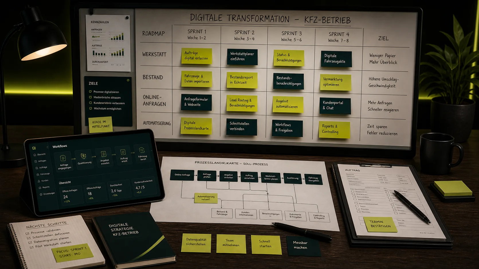 Sprint-Planning-Whiteboard mit Klebezetteln und Roadmap, KFZ-Betrieb digitalisiert Prozesse