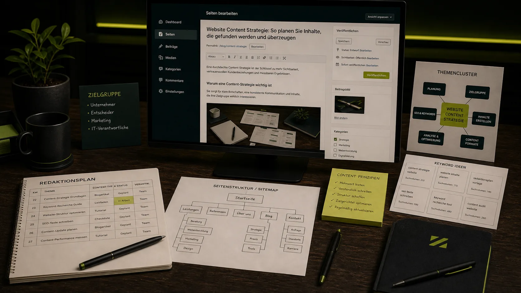 Content-Planungs-Tisch, Redaktionskalender, Notizbuch und Bildschirm mit CMS-Editor in deutscher Sprache