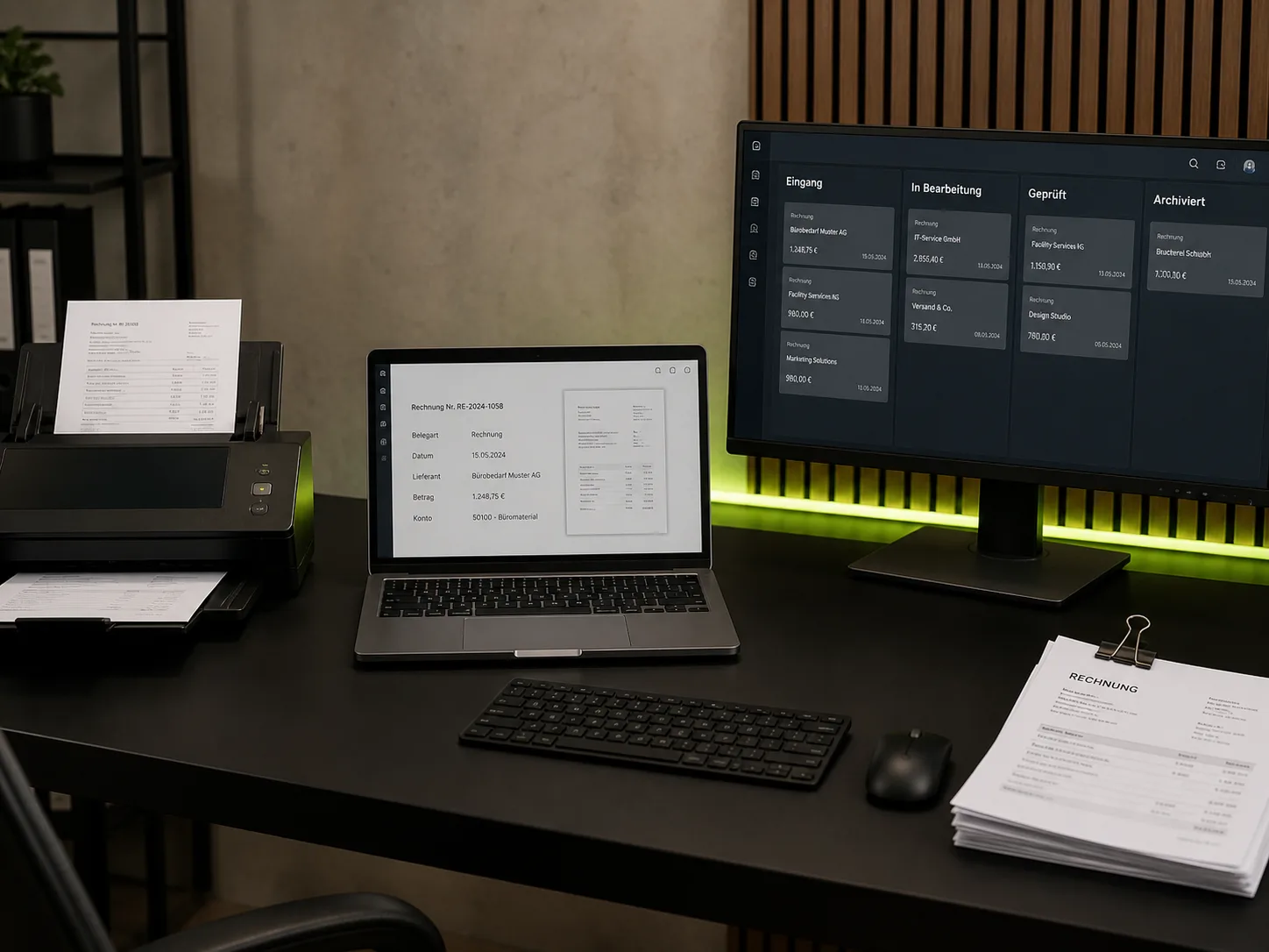 Backoffice-Arbeitsplatz – Laptop, Scanner und Monitor zeigen Dokumenten-Workflow in deutscher DMS-Oberfläche
