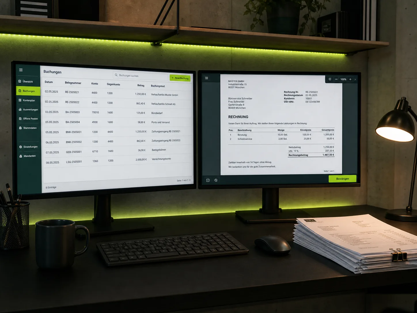 Buchhaltungs-Vorbereitung am Doppelmonitor-Arbeitsplatz – deutsche DATEV-ähnliche Oberfläche und Belege seitlich