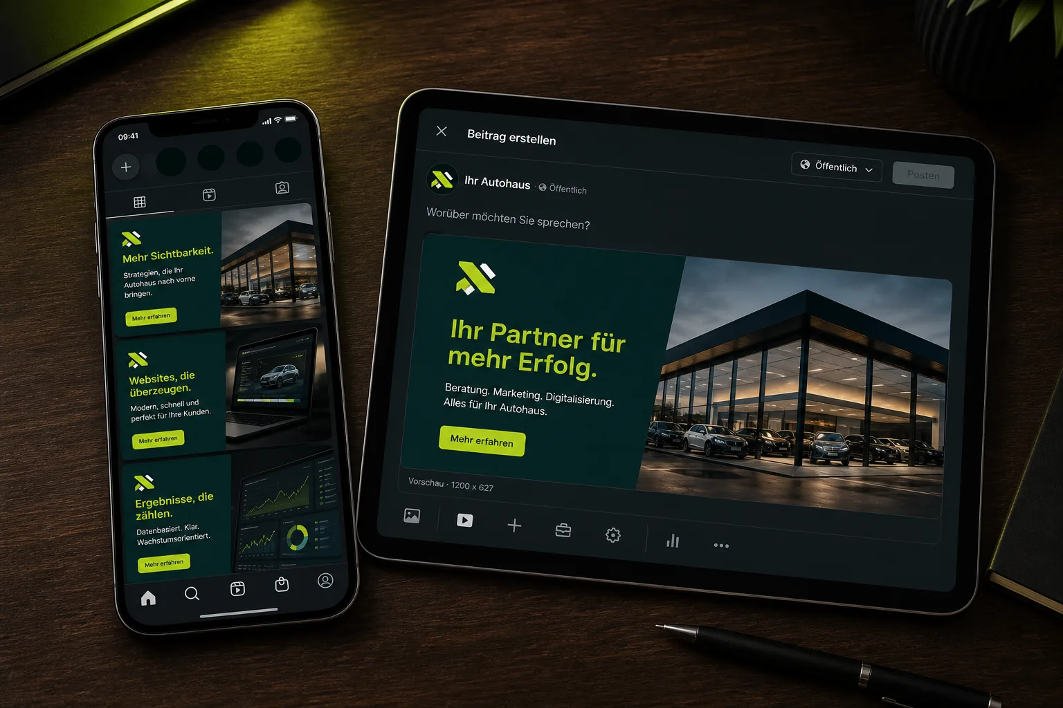 Social-Media-Posts auf Smartphone und Tablet – konsistentes Marken-Layout für Instagram und LinkedIn