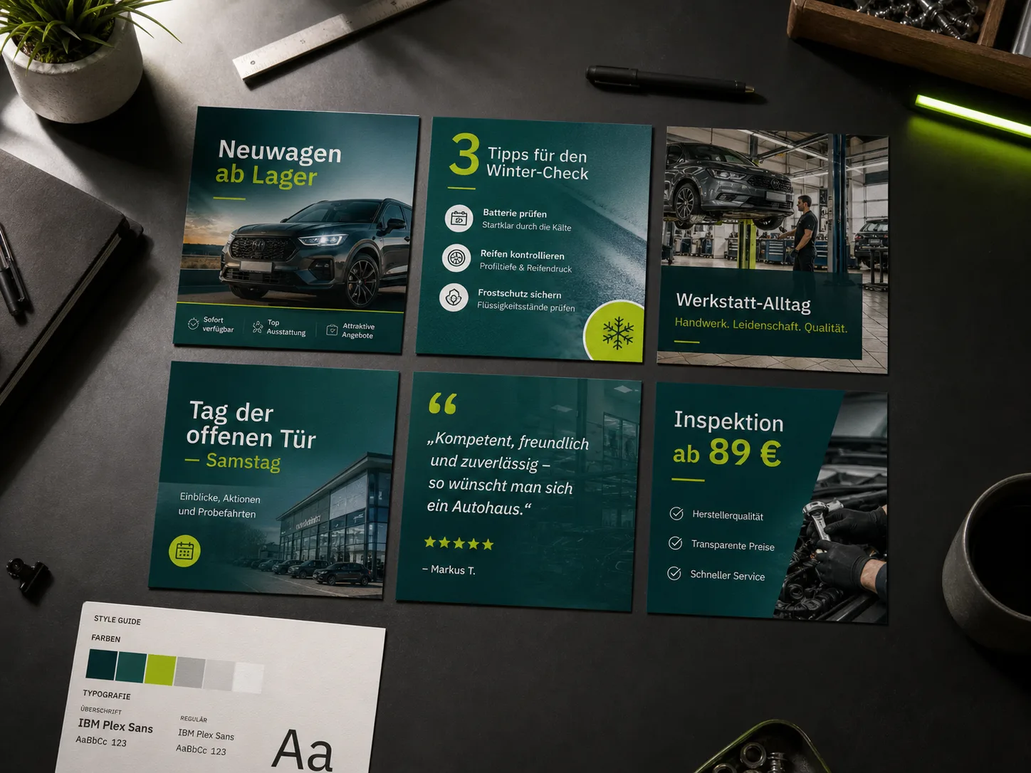 Social-Media-Vorlagen für ein Autohaus – Instagram- und LinkedIn-Posts im einheitlichen Markenauftritt