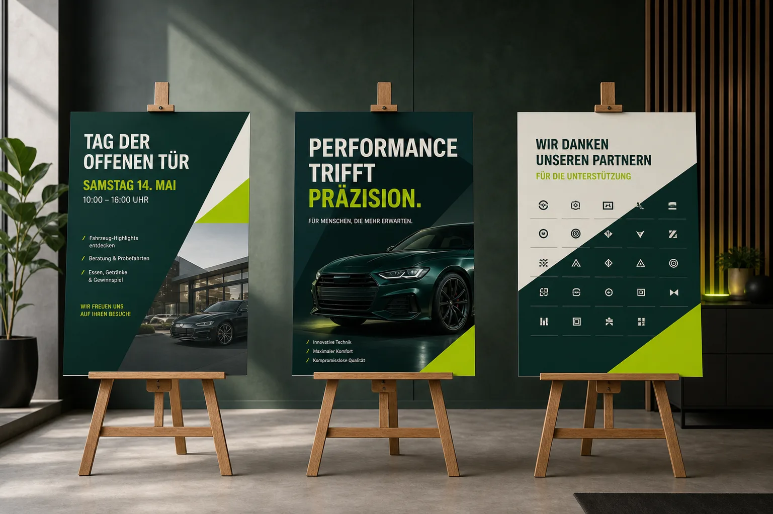 Drei großformatige Plakate auf Staffeleien – Eventbewerbung mit konsistentem Markenauftritt