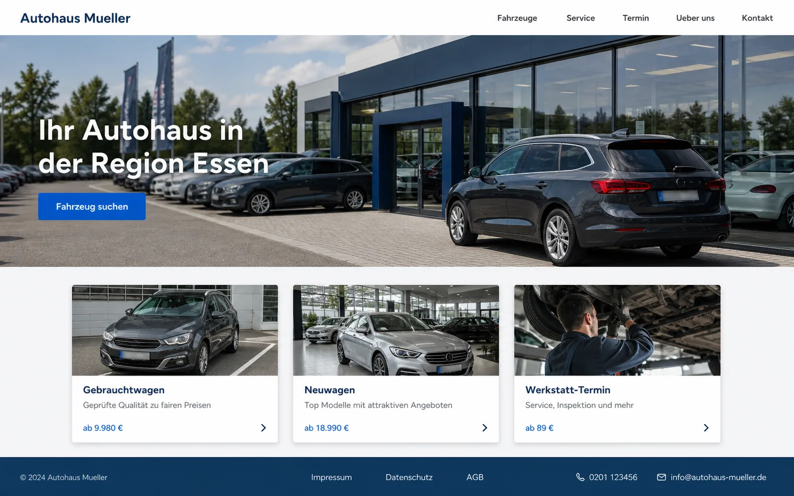 Website-Mockup eines Autohauses aus der Region Essen – moderne Fahrzeugübersicht mit Filterfunktion und Online-Terminbuchung