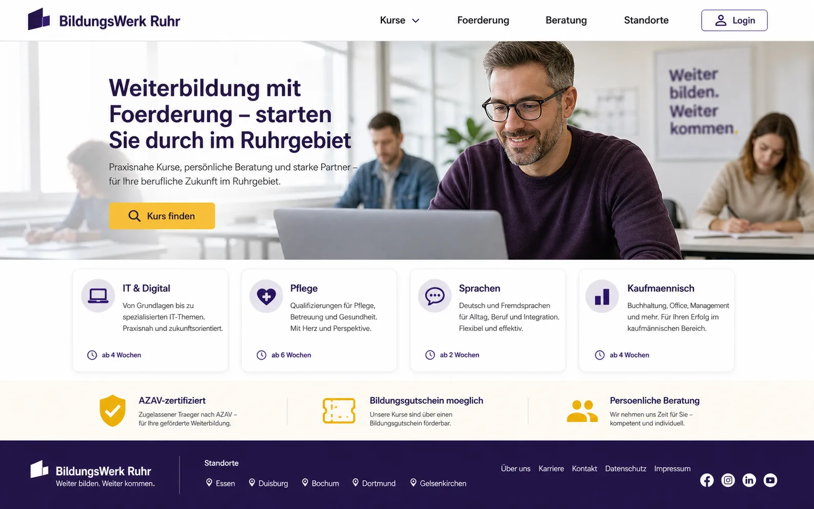 Website-Mockup eines Bildungsträgers aus dem Ruhrgebiet – Weiterbildung, Kurse und Förderung
