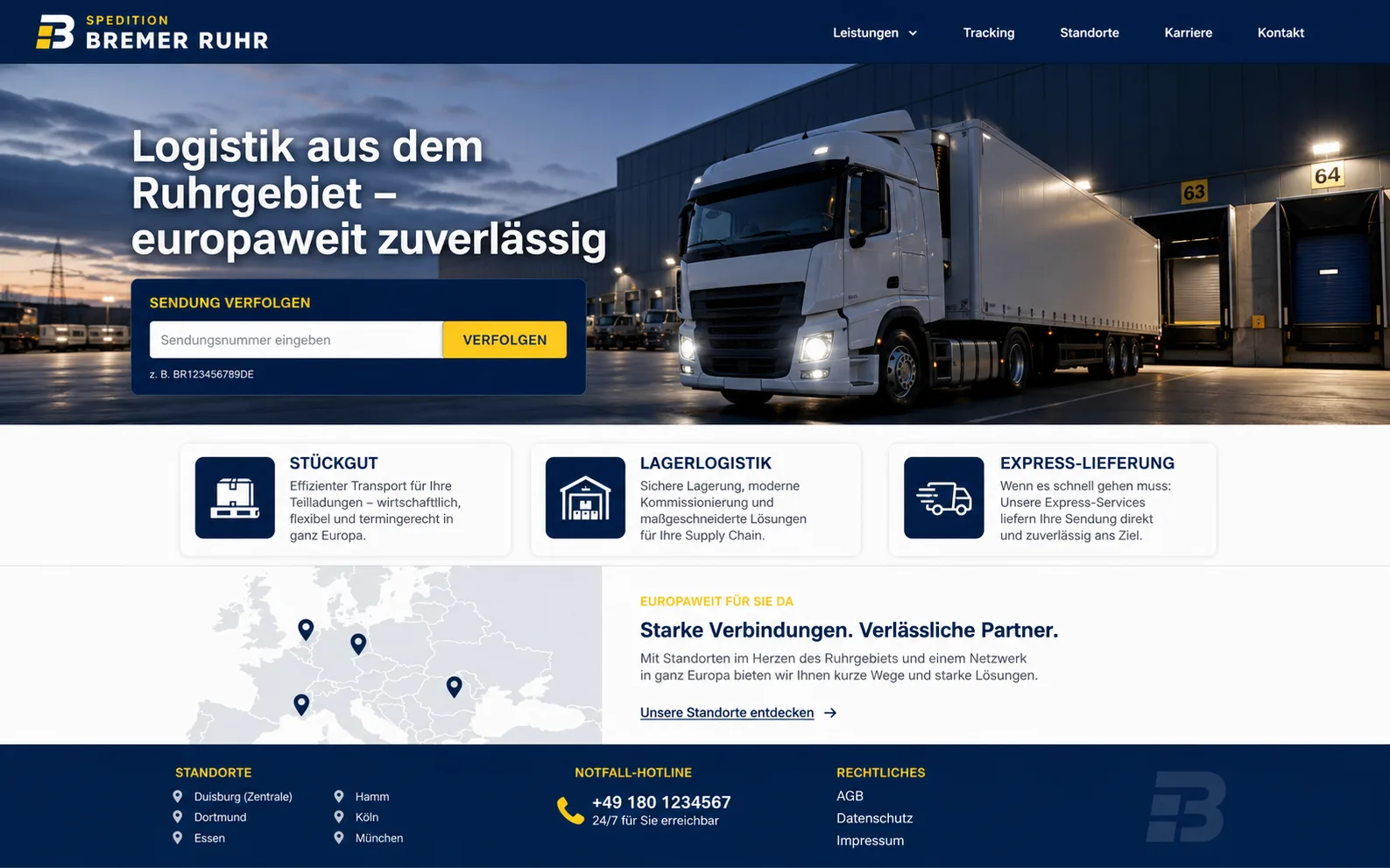 Website-Mockup eines Logistik-Dienstleisters aus dem Ruhrgebiet – Spedition, Lager und Express-Lieferung