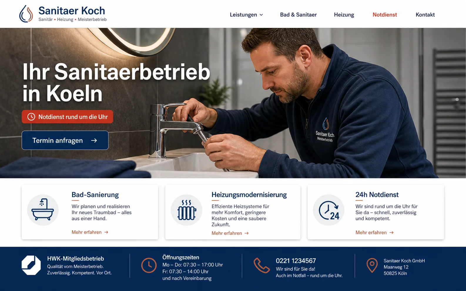 Website-Mockup eines Sanitärbetriebs aus der Region Köln – Heizung, Bad und Notdienst