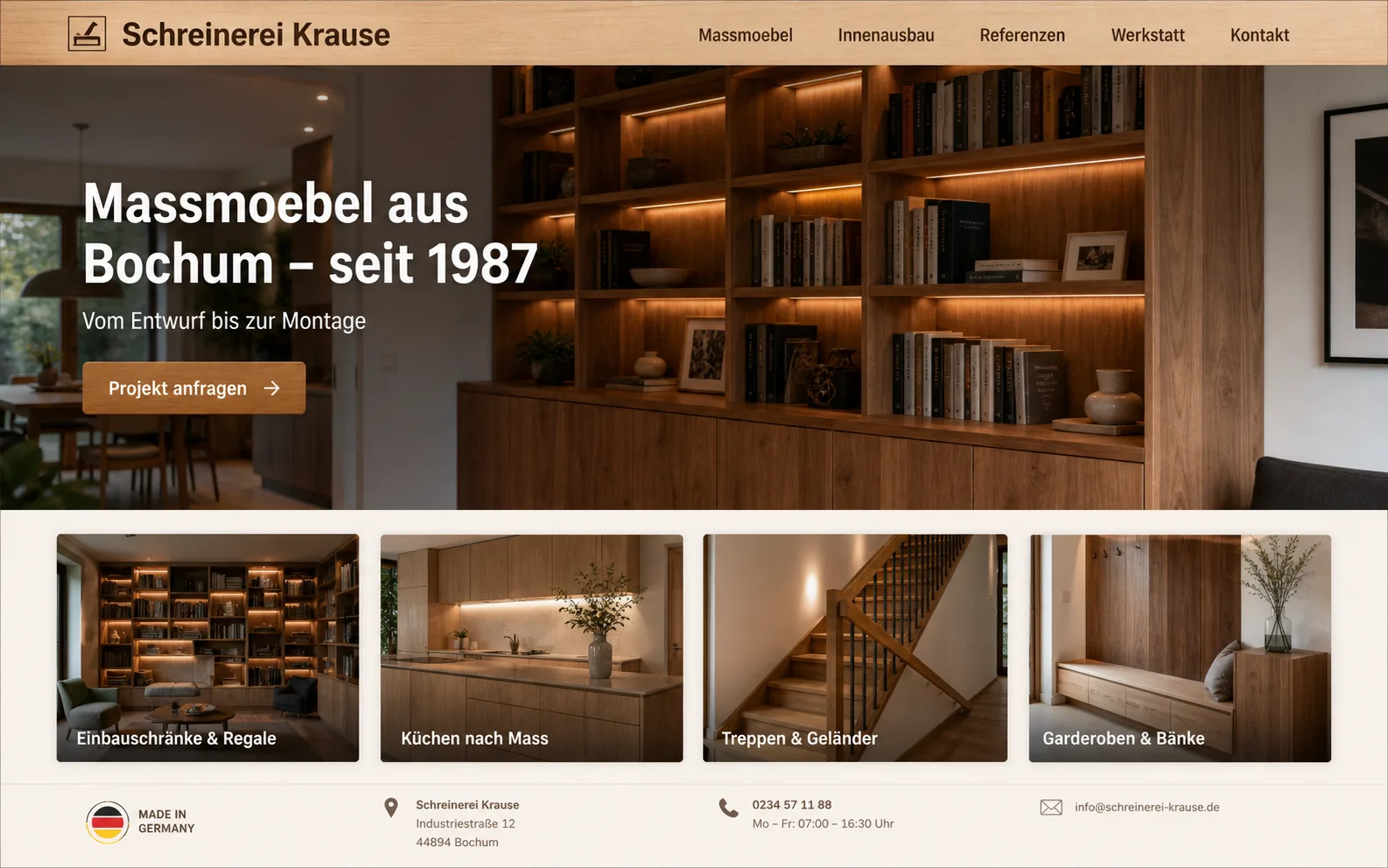 Website-Mockup einer Schreinerei aus der Region Bochum – Maßmöbel und Innenausbau