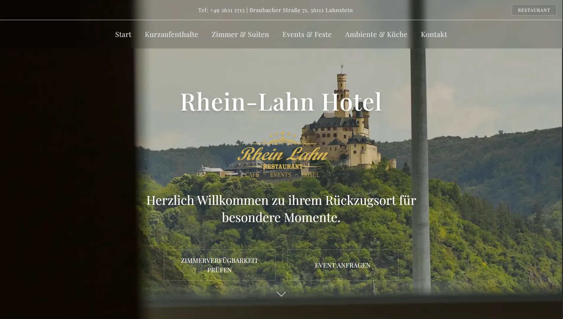 Website-Startseite eines Hotels in Lahnstein bei Koblenz – Eventlocation und Zimmerbuchung