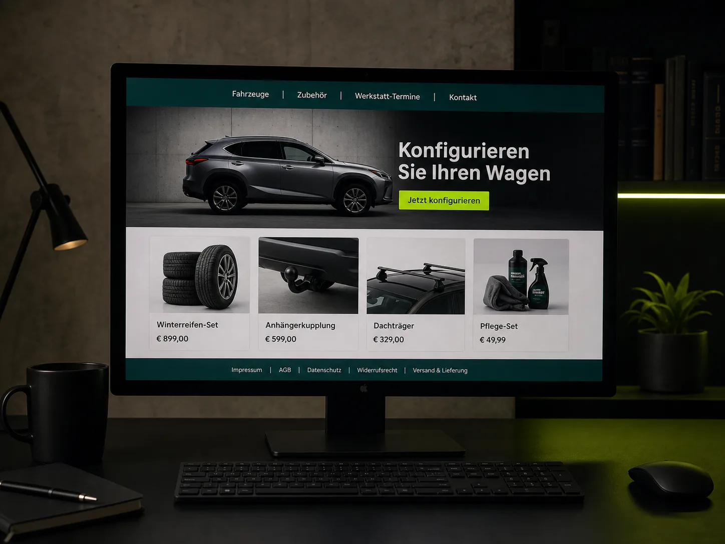 Autohaus-Online-Shop im Shopify-Stil – Fahrzeug-Konfigurator und Zubehör-Verkauf auf einer Website